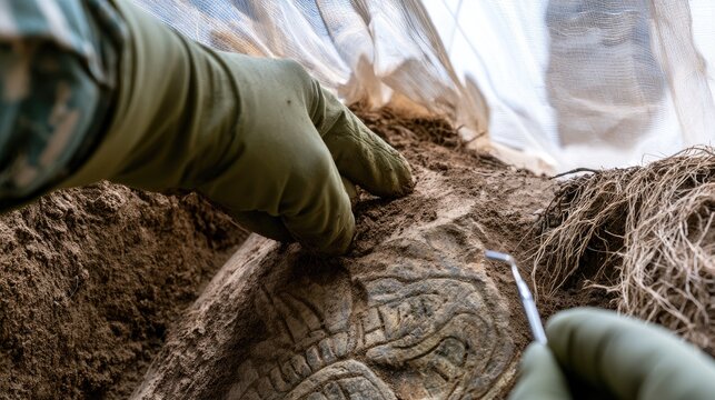 Archaeologist's gloved hands carefully excavating an ancient, textured artifact