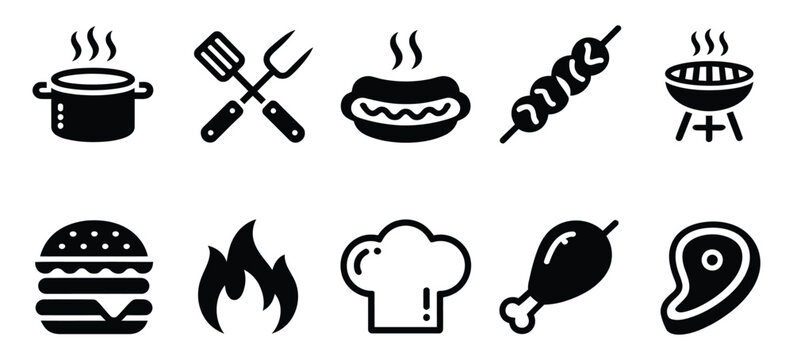 BBQ and grilling vector icon set featuring meat, burger, sausage, chicken leg, outdoor cooking flame symbols, barbecue food and grill equipment elements, clean flat design illustration.