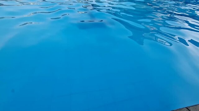 a close-up, slightly high-angle shot capturing the clear, vibrant blue water of a swimming pool