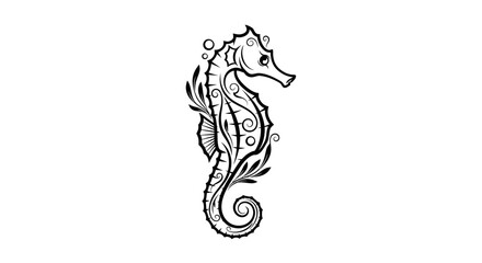 Decorative seahorse illustration with flowing ornamental elements and bubbles © Kenari