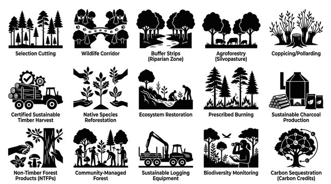 Forest Management Icons Set - Black and White Vector Illustrations