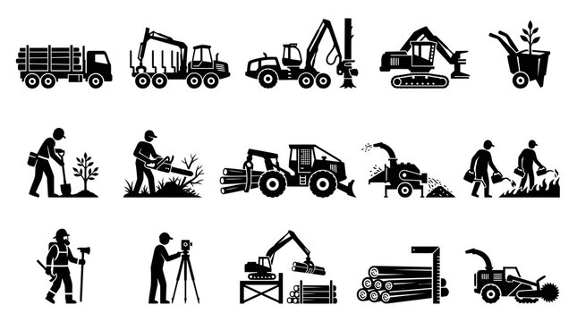 Forestry Logging Industry Wood Harvesting Equipment and Worker Activities Black and White Glyph Icon Set