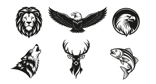 Collection of stylized animal icons for emblem and logo design