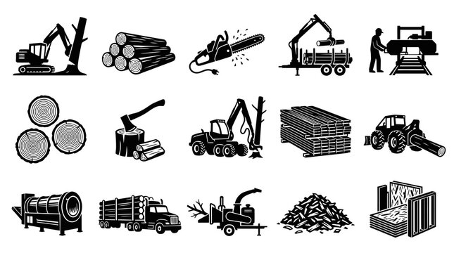 Logging and Forestry Industry Glyph Icons Set: Wood Processing Equipment, Timber, and Lumber Production