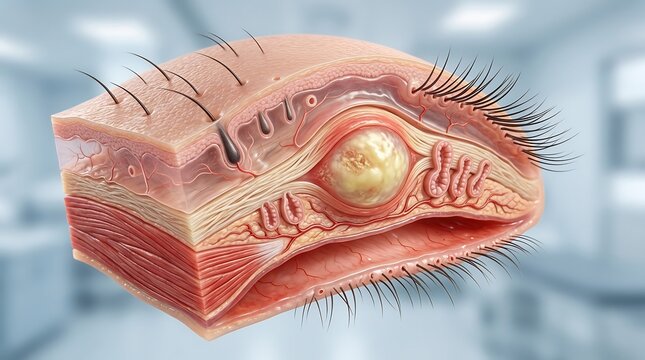 Eyelid cross section showcases the structural layers of human skin and underlying tissue including a small chalazion cyst development for dermatological and ophthalmological medical visual analysis.