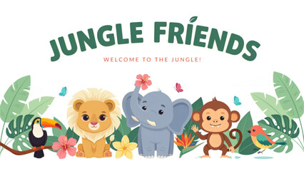 Colorful cartoon jungle friends group illustration with animals and monkey Vector © MD