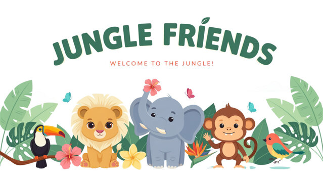 Colorful cartoon jungle friends group illustration with animals and monkey Vector