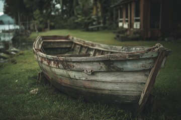 Obraz premium Rustic Wooden Boat on Grassy Shore Near Water and Distant Cabin