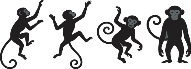 Black monkey silhouettes set featuring various active climbing jumping and standing poses isolated on a white background © Hasinur