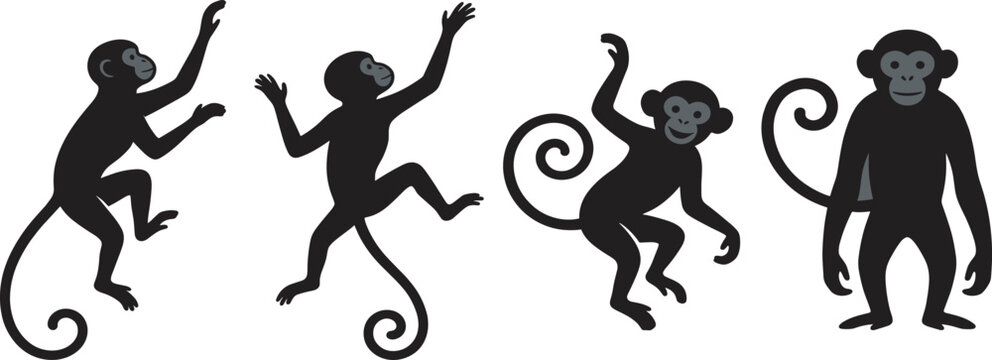 Black monkey silhouettes set featuring various active climbing jumping and standing poses isolated on a white background