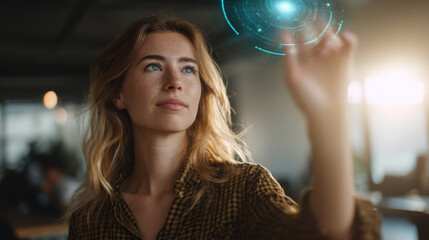 Naklejka premium Young female entrepreneur interacting with a futuristic holographic interface in a contemporary office. Concept of artificial intelligence, digital innovation, startup technology, business strategy, u