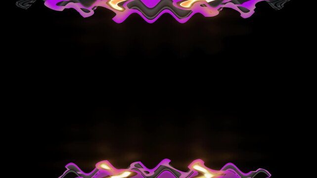 Long horizontal wavy mechanical flashing purple perpendicular lines frame on black background with space for your own content.