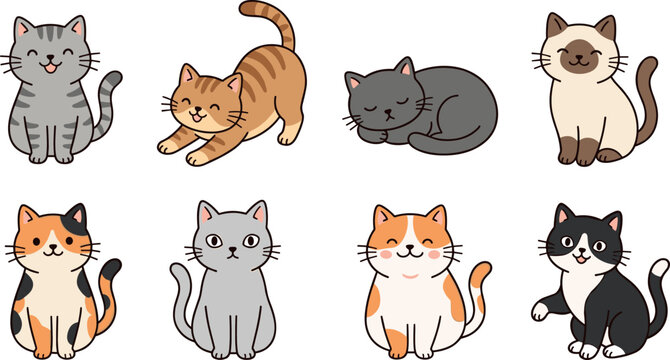 Cute cartoon cat characters set with different breeds and poses including sleeping stretching sitting and playing isolated on white background vector illustration