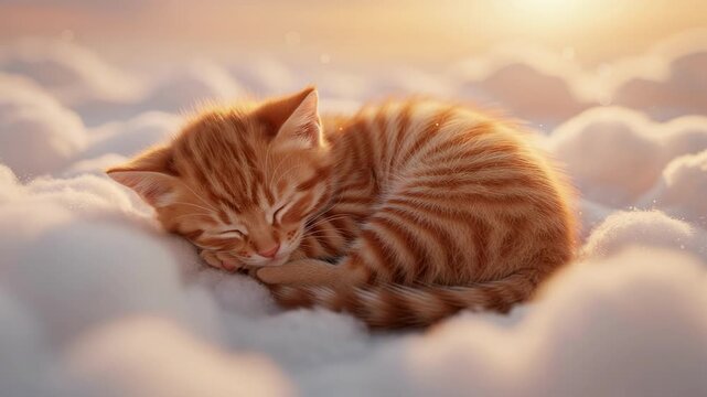 Fluffy Orange Tabby Kitten Sleeping Peacefully Among Soft Clouds Glowing Gently in Warm Light