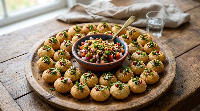 Delicious Indian pani puri appetizer on a wooden tray illustration