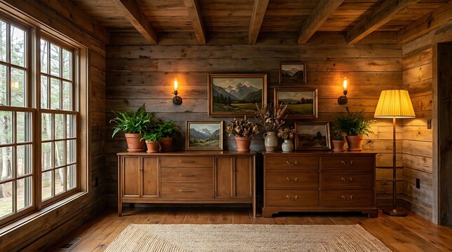 Cozy cabin interior with rustic decor and mountain views