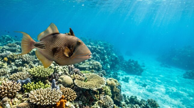Triggerfish swimming near coral reef in clear blue ocean water  