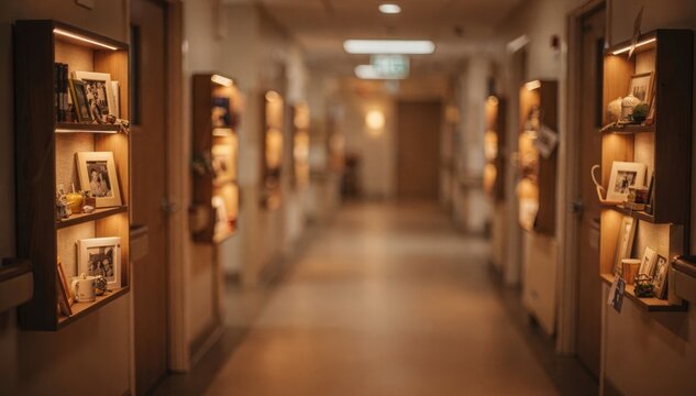 Twilight medium shot of a serene memory care hallway with warm dim lighting where memory boxes are prominent while the surrounding doors and walls blur softly.
