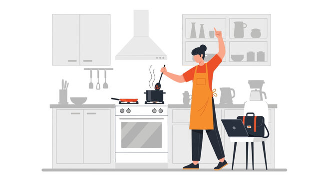 Woman cooking and dancing in kitchen with laptop and briefcase, work-life balance concept