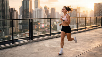 Fototapeta premium A fit young woman in athletic wear jogs along a rooftop terrace with a smartwatch as a glowing city skyline fades into sunset