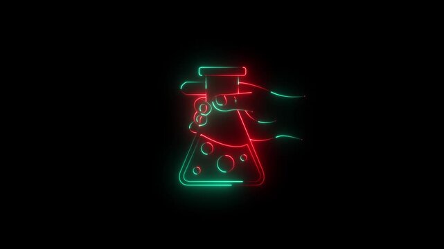 Glowing neon laboratory flask icon isolated on black background. hand holding laboratory flask icon. chemical laboratory test concept. Biology molecule chemical icon.4k video animation 
