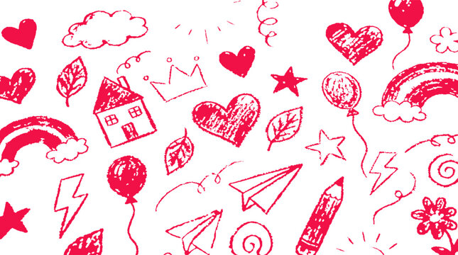 Seamless pattern with handdrawn doodle elements like hearts, stars, rainbows, balloons, and houses, isolated on white background