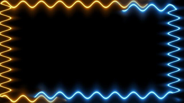 Long rectangular horizontal wavy colorful orange blue neon moving around light closed frames on black background. Space for your own content.