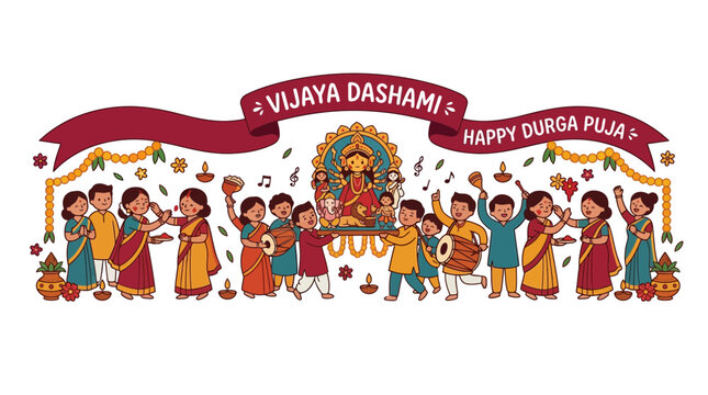 Happy Durga Puja and Vijaya Dashami Celebration Illustration