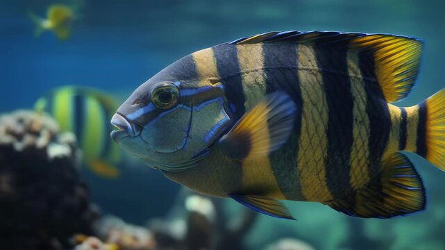 Vibrant underwater scene showcases colorful tropical fish swimming gracefully through coral reefs, highlighting unique patterns