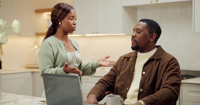 Laptop, fight and debt with black couple in kitchen for bankruptcy email, final notice or argue. Late payment, online debit fail and frustrated with man and woman in home for stress and budget crisis