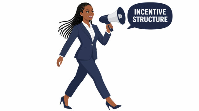 Businesswoman holding megaphone with incentive structure text.