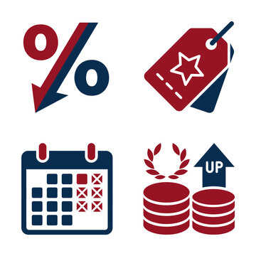Business and Finance Icon Set Featuring Percentage Drop Price Tags Calendar and Coin Growth.