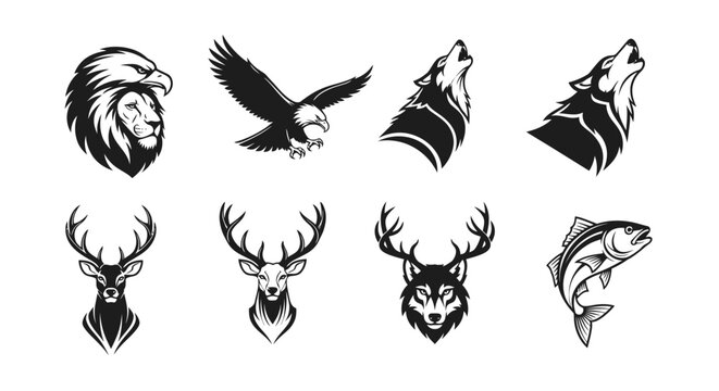 Wild animal icons lion eagle wolf deer fish silhouette set