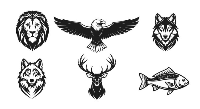 Wild animal head icons featuring lion eagle wolf deer and fish vector art