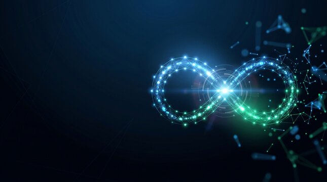 DevOps infinity loop made of glowing blue and green plexus lines and nodes, continuous integration and delivery concept on dark tech background with copy space