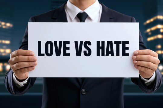 Corporate businessman holding a white sign with love vs hate