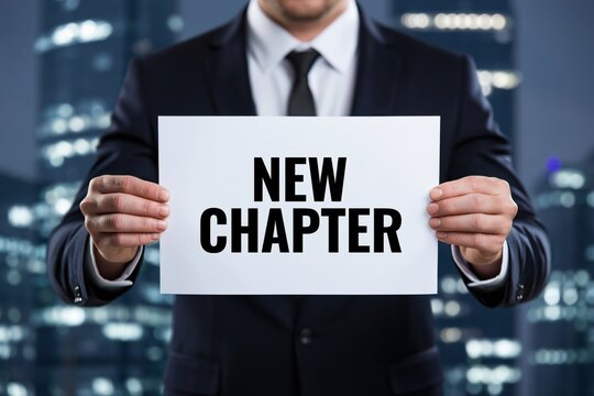 Corporate businessman holding a white sign with new chapter