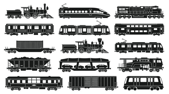 Rail Transportation Black Silhouette Icons: Diverse Trains, Locomotives, Wagons, Passenger  Freight Cars