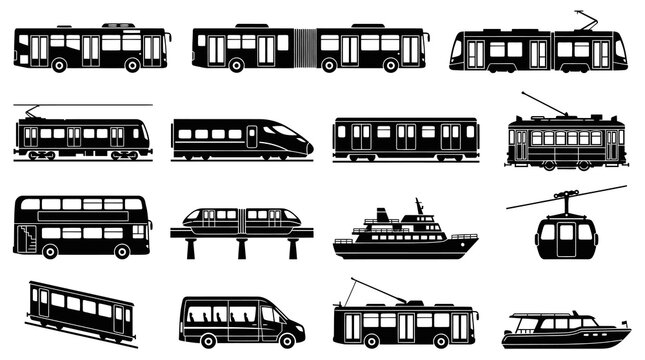 Public Transportation Vehicles Black  White Silhouette Icons Set - Urban, Rail, Water  Cable Car Glyphs