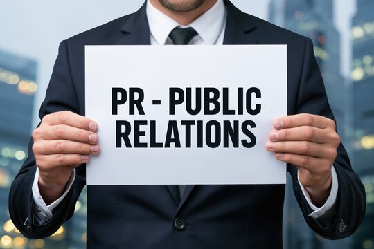 Communications manager holding PR public relations sign
