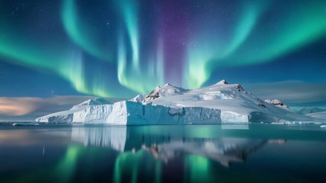 Mesmerizing northern lights dance across icy mountains, reflecting tranquil waters, showcasing breathtaking natural spectacle