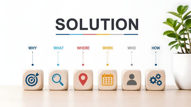 Solution concept with who what where when why how questions on wooden blocks and icons