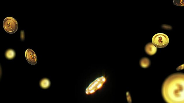 Golden casino chips falling down with vibrant cinematic lighting in slow motion against a deep black background representing wealth and success in gambling games