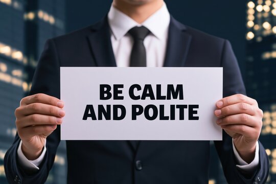 Businessman in dark suit holding white paper with be calm and polite concept