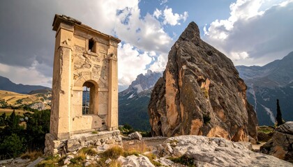 Obraz premium Ancient stone ruins and rocky peak in a majestic mountain landscape
