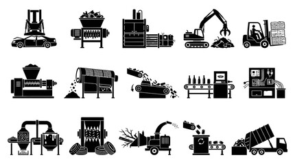 Obraz premium Recycling Plant Icons: Machinery, Trucks, and Waste Processing Equipment Glyph Art