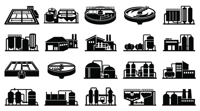 Wastewater Treatment Plant Icons: Industrial Water Purification Systems, Black  White Glyphs