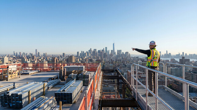 Construction worker in safety gear pointing at city skyline from a rooftop building site with copy space for construction concept