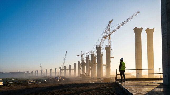Construction worker standing at a large infrastructure project site with tall concrete pillars and cranes under a clear blue sky with copy space for construction concept