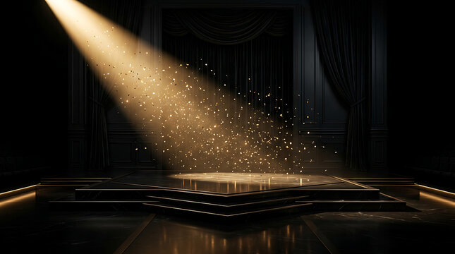 Golden spotlight shines on a dark stage with curtains and a sparkling floor